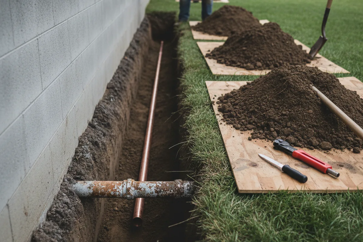 Excavated water line trench during Water Softener Installation in Coyote